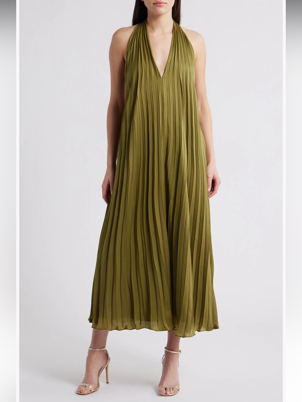 Lucy Paris Olive Green Pleated Halter Maxi Dress